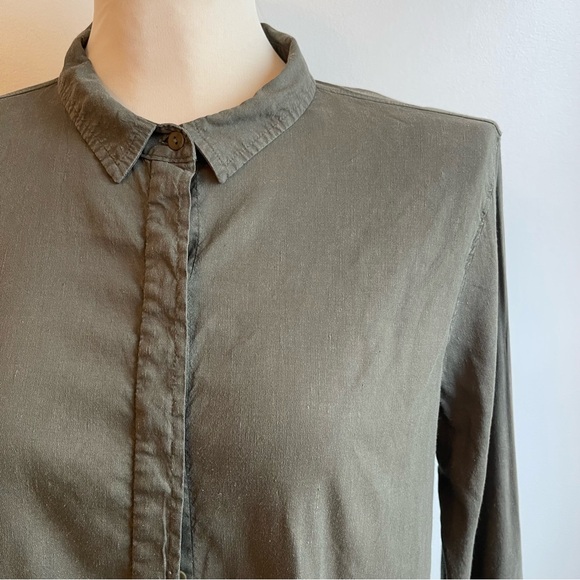 Eileen Fisher Linen Button Down Long Sleeve Shirt Khaki Green Lagenlook Medium - Picture 2 of 8